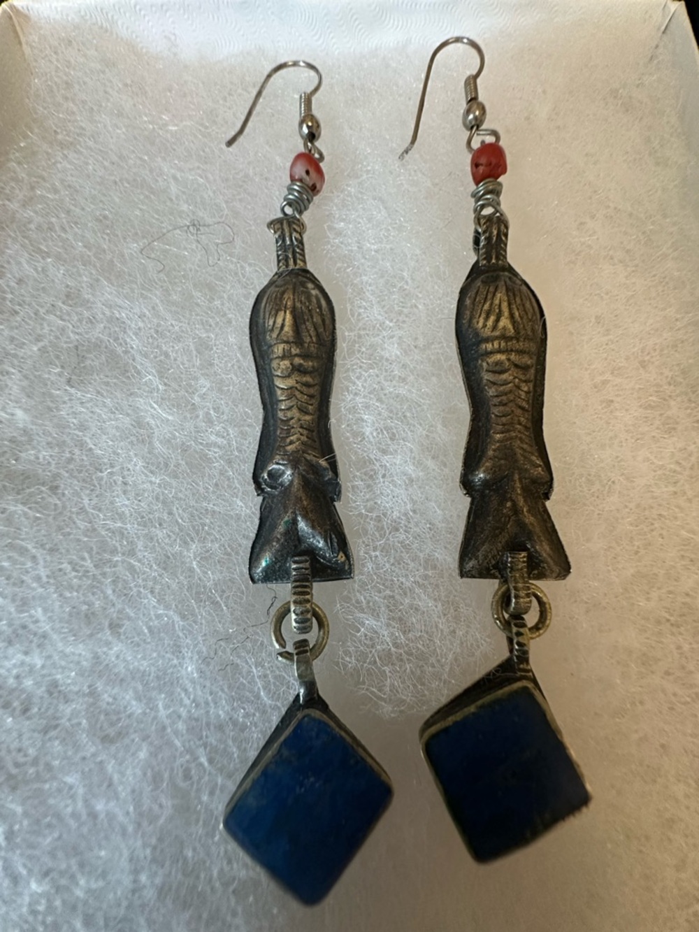 Vintage Handcrafted Fish Drop Earrings with Blue Stone Accent